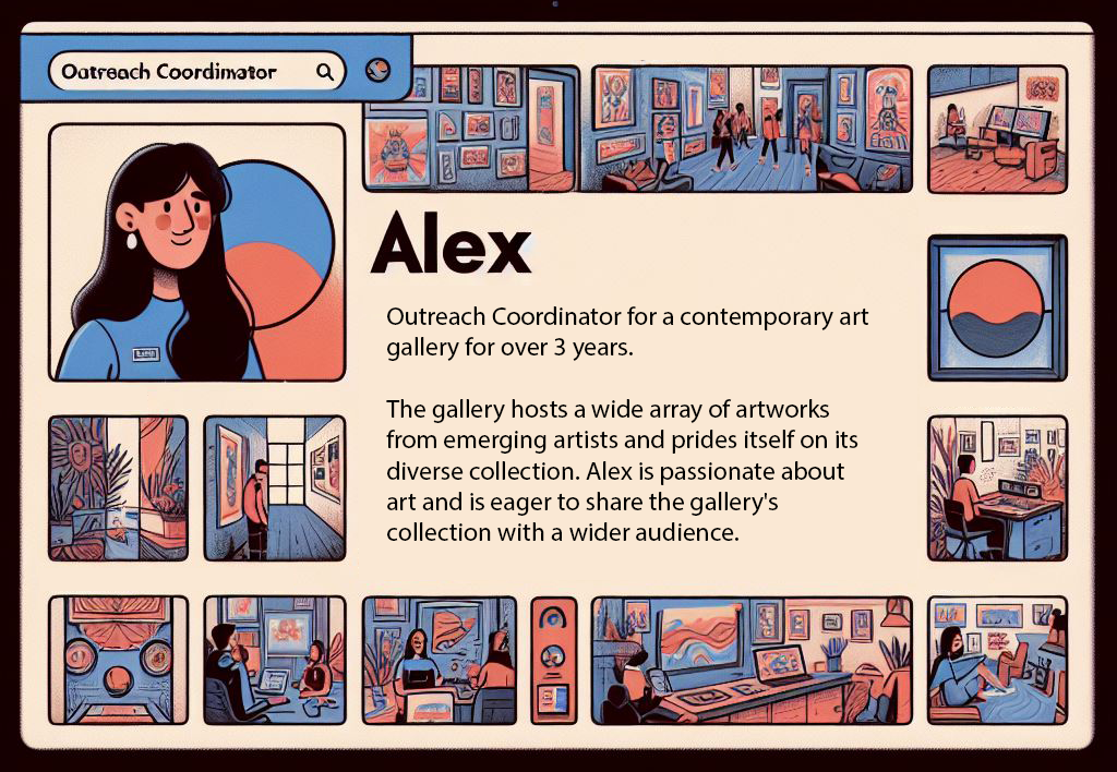 A digital profile shows Alex, an outreach coordinator at a contemporary art gallery.