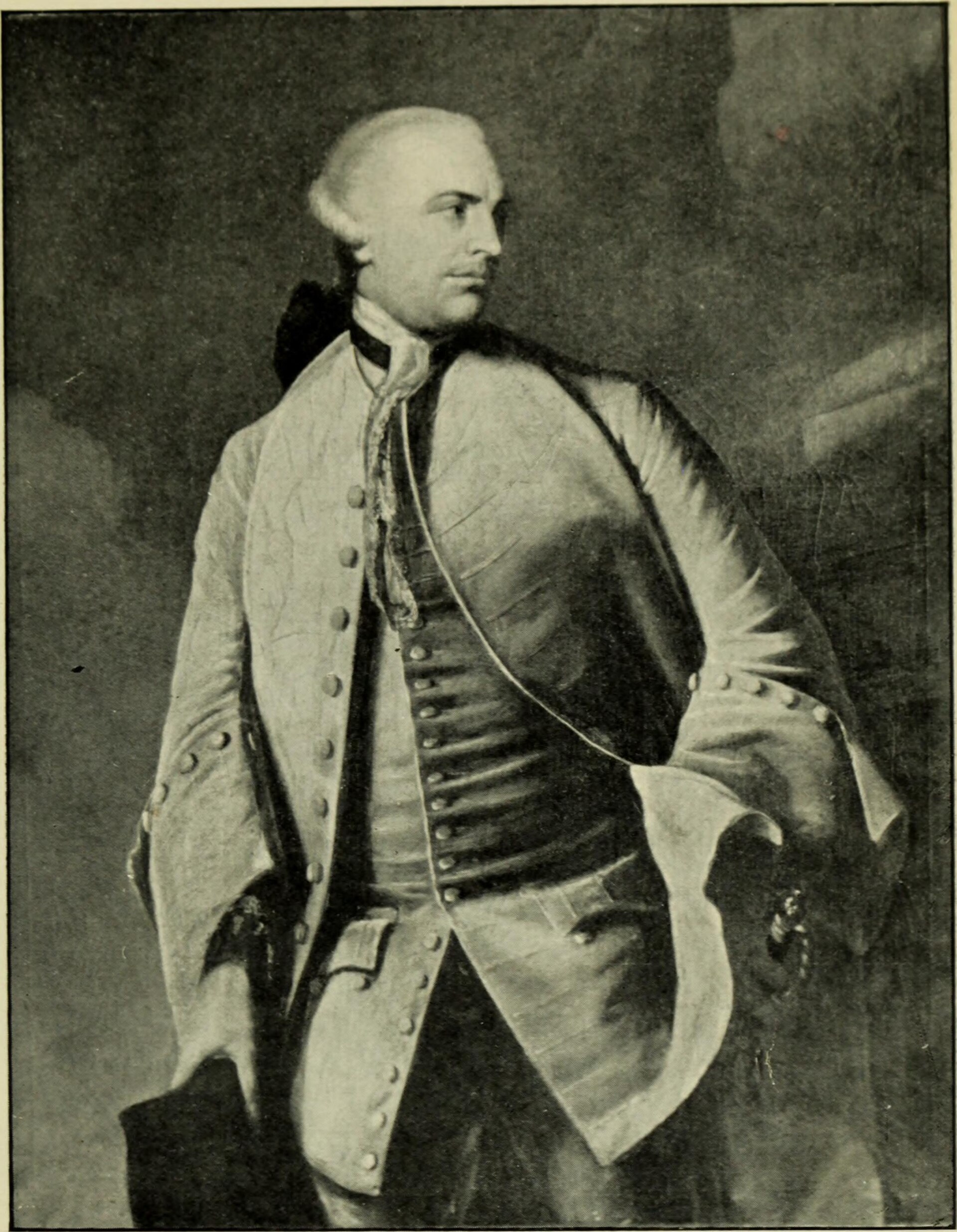 A black and white portrait depicts a man in 18th-century attire, showcasing a glimpse into film history.