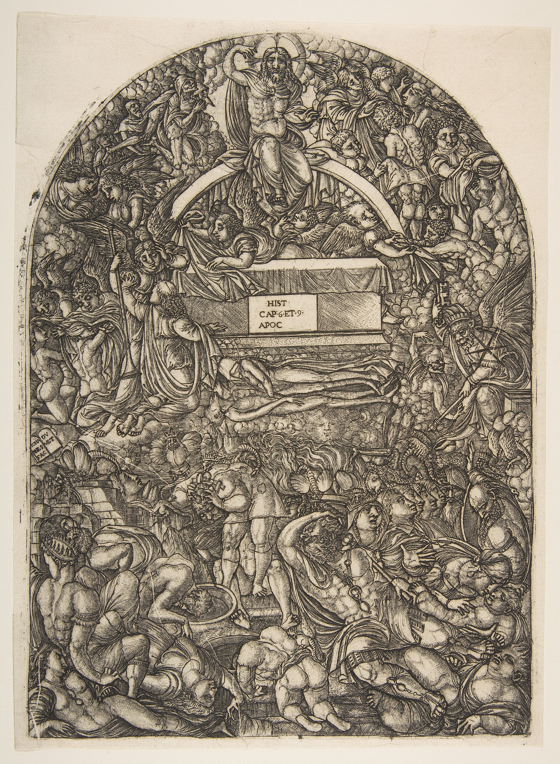 An antique engraving shows a dramatic religious scene with angels and figures, relating to film history.